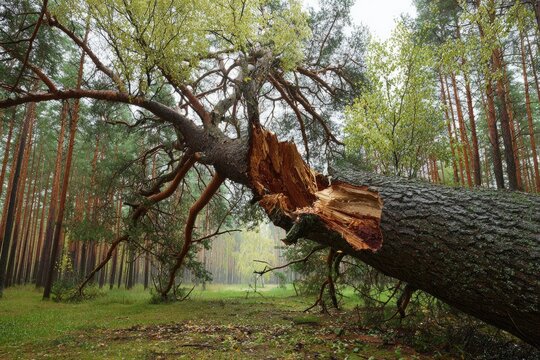 Fallen tree in a misty forest