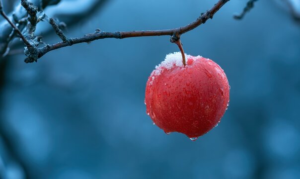 Frosty red apple frozen on tree branch during winter