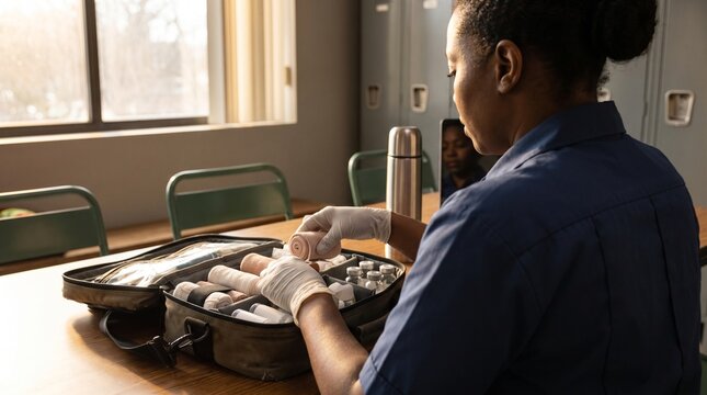 Paramedic laying out medical equipment neatly on a table during a routine station inventory