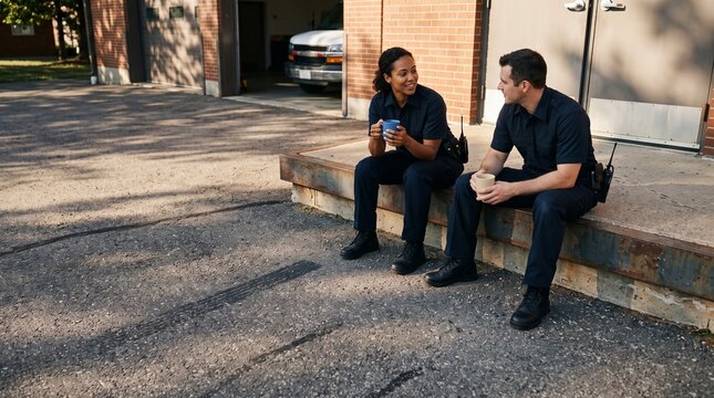 Two paramedics sitting on a station step with coffee cups talking during a quiet shift break