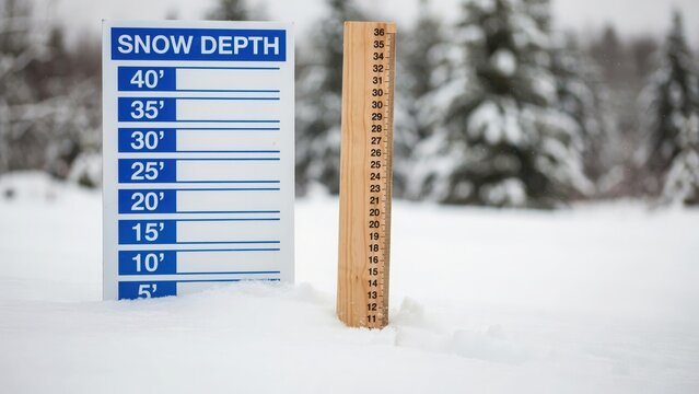 Snow depth marker and ruler stand in a snowy forest landscape during winter. Winter weather measurement concept.