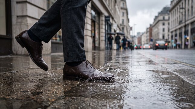 Close up of a brown leather boot splashing into a puddle on wet cobblestones during rain