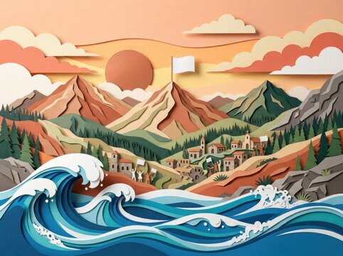 Layered paper illustration of mountains and waves at sunset scene with vibrant colors