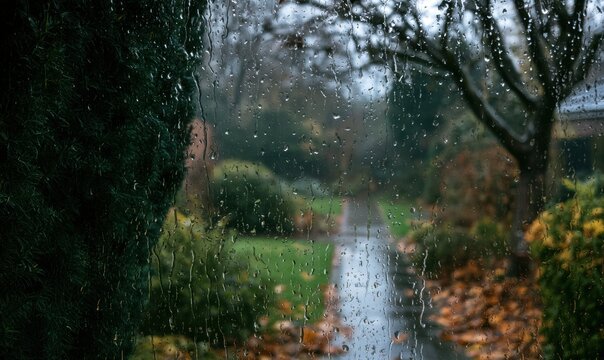 Rainy garden scene viewed through wet window