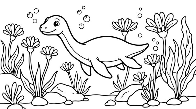 Cute Plesiosaur swimming in underwater scene, prehistoric sea creature coloring page for kids