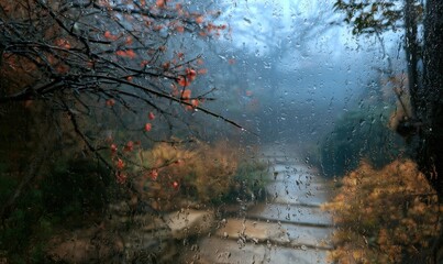 Obraz premium View from inside through rain-splattered window