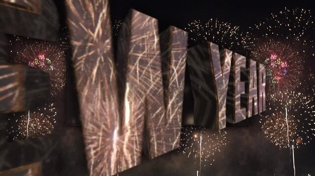 打ち上げ花火が鏡面反射するHAPPY NEW YEARの3Dモーションテキスト