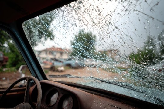Broken windshield of an old, weathered vehicle