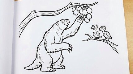 Fototapeta premium Cartoon sloth reaching for hanging tropical fruit in whimsical black and white illustration.