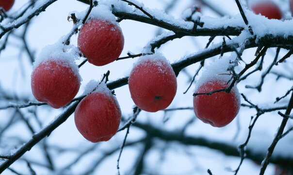 Red apples dusted with snow on leafless tree branches