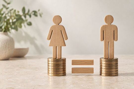 Gender Equality and Equal Pay Concept with Male Female Figures on Coin Stacks