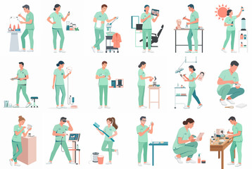 Fototapeta premium Collection of vector illustrations featuring diverse healthcare professionals in green scrubs performing various medical, laboratory, and clinical tasks in a modern hospital setting.