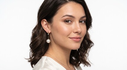 Fototapeta premium Portrait of a beautiful young woman with dark wavy hair wearing elegant gold pearl earrings isolated on white background
