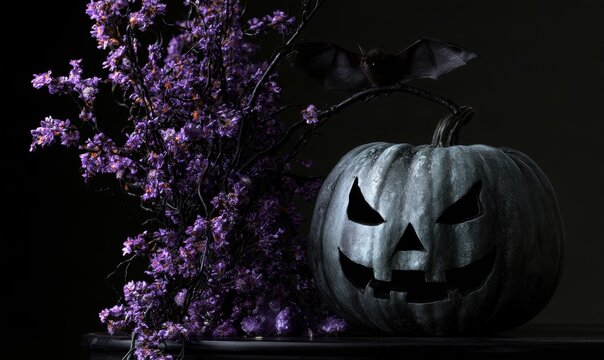 Halloween pumpkin with purple flowers and bat wings on dark background