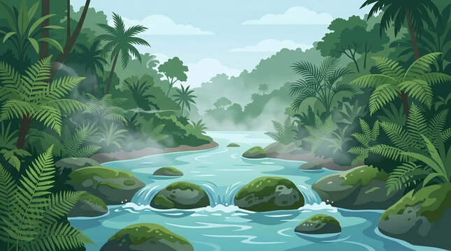 Minimalist flat vector illustration of a clear tropical rainforest river flowing over mossy rocks surrounded by lush ferns and misty jungle foliage.