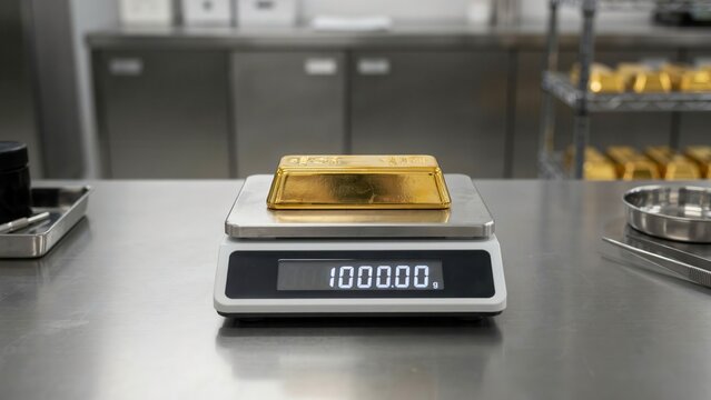 A shiny gold bar being weighed precisely on a digital scale in a vault. Ideal for wealth and finance concepts.