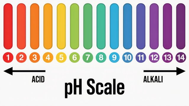 Colorful pH scale chart from 1 to 14 showing acid and alkali levels against a white background. Ideal for science education and chemical analysis illustrations.