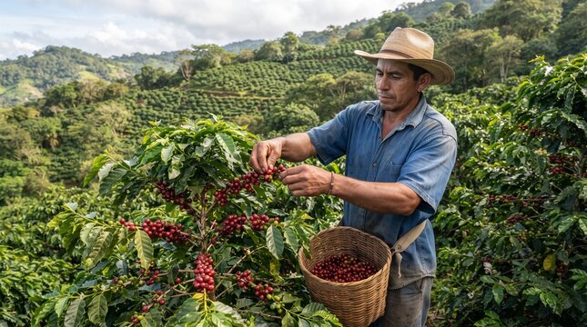 A dedicated coffee farmer harvesting ripe red coffee cherries on a hillside plantation.