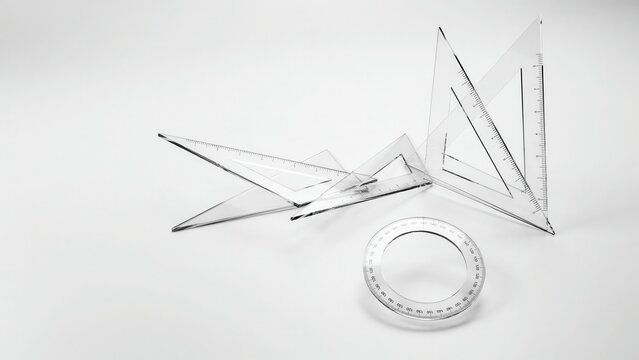 Transparent set squares and protractor arranged artistically on a white background. Ideal for education and geometry design concepts.
