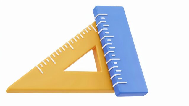 3D blue straight ruler and yellow triangle isolated on white background. School supplies concept for education designs.