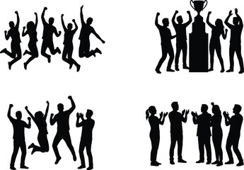 Obraz premium Silhouette Vector Set of Groups Celebrating, Cheering and Winning Trophy