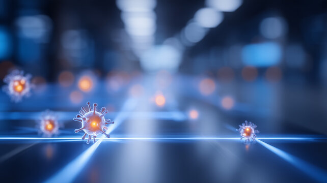 Virus particles appear across a digital network surface representing malware infection and cybersecurity threats.
