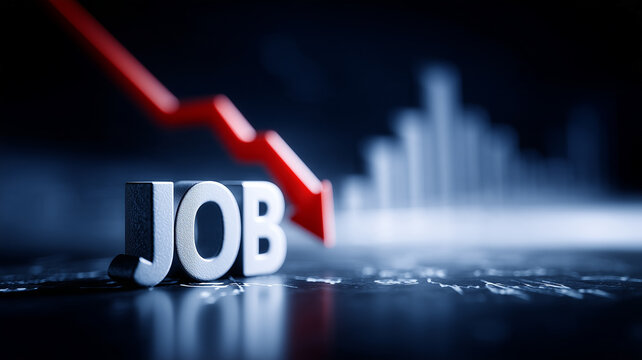 The word JOB stands beneath a falling arrow and chart representing employment decline layoffs and economic recession.
