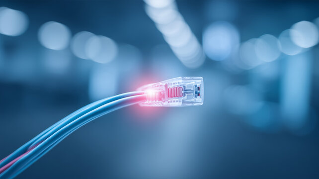 An Ethernet cable connector represents wired network connectivity and high speed digital data transmission.
