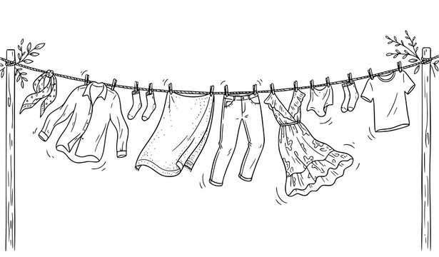 Clothes Drying on Rope Hand Drawn Laundry Vector Illustration