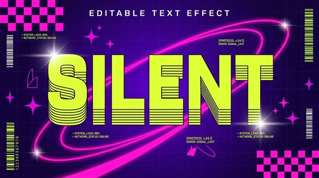 Retro Futuristic Text Effect with Neon Pink Rings and Yellow Layered Typography on Dark Purple Background