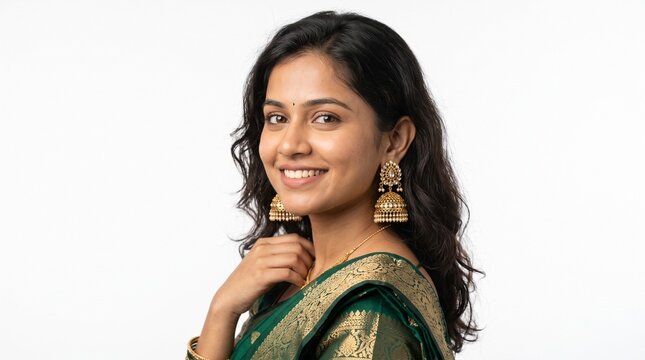 Portrait of a beautiful young indian woman wearing a traditional green silk saree and gold jhumka earrings, smiling gracefully while posing against a clean white background