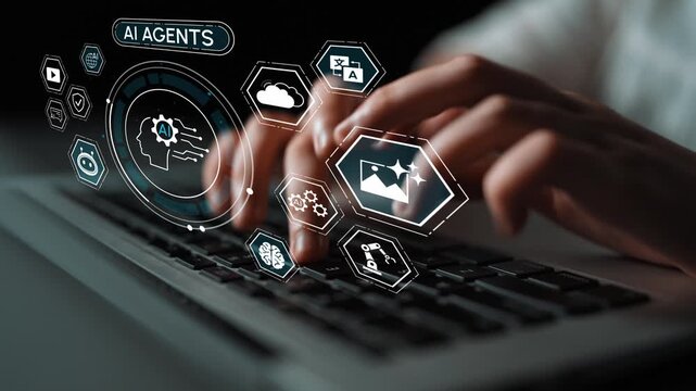 Futuristic Technology Concept with Hands Typing on Keyboard and Visual Interfaces for AI Agents in Digital Environment. Entropy.