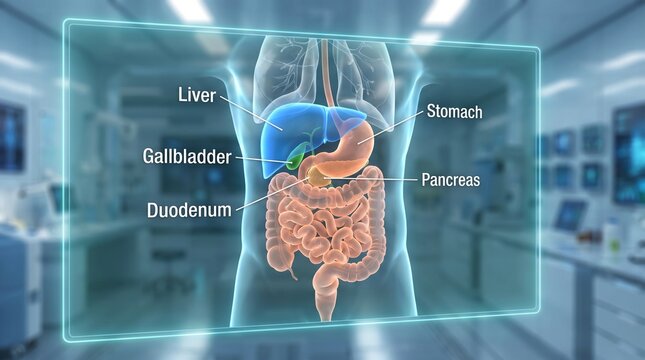 Digital medical illustration showing human digestive system organs with labels in a laboratory background.
