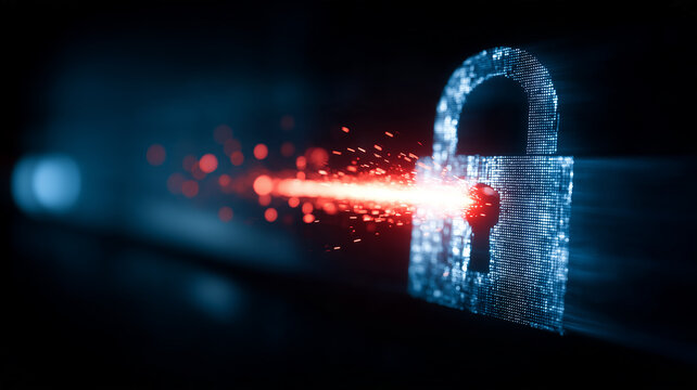A digital padlock struck by a hostile data stream represents a cybersecurity breach and threats to protected information.
