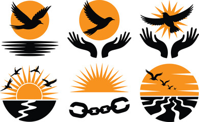 Obraz premium Artistic bird silhouettes with suns and hands reflecting themes of peace hope and freedom
