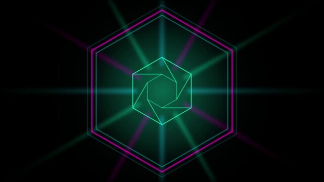 Pentagonal aperture glowing geometric shapes seamless loop motion