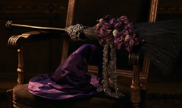 Classic witch's accessories: hat and broom on antique chair