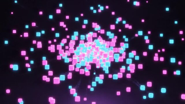 Abstract 3D animation of glowing neon pink and blue cubes exploding on dark background.
