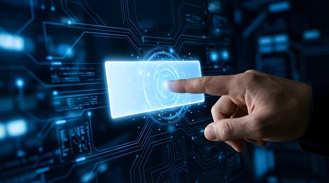 Person touching digital interface screen for future technology concept