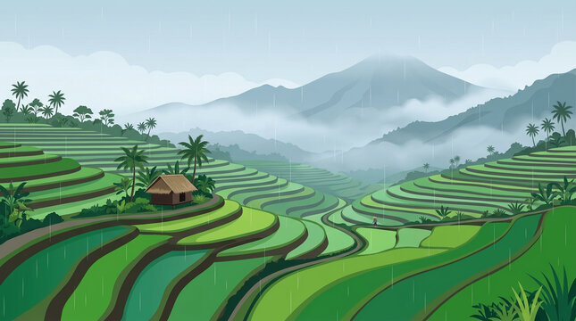 Minimalist flat vector illustration of green rice terrace fields during a light rain with foggy mountains in the background.