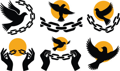 Fototapeta premium Doves breaking chains under bright sun icons perfect for social justice campaign logo