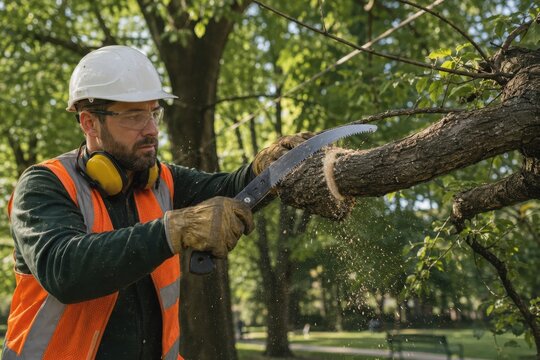 Male arborist in safety gear uses a hand saw to cut a tree branch while working outdoors in a park, surrounded by lush green foliage and trees under bright daylight conditions