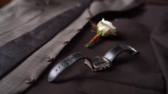 Groom getting ready details, white rose boutonniere, polka dot tie and leather wristwatch on grey wedding suit, close-up video