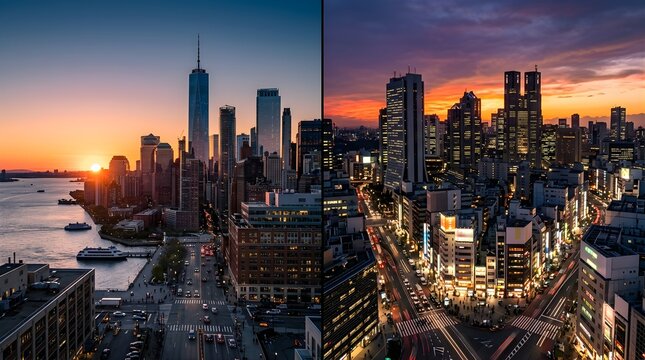 Split screen aerial view of New York and Tokyo city skylines at sunset