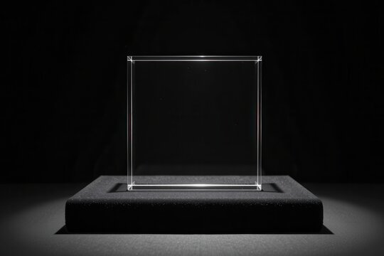 Transparent glass cube displayed on dark textured platform with spotlight