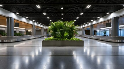 Obraz premium Modern airport baggage claim area with sleek design polished floors and central greenery for natural ambiance