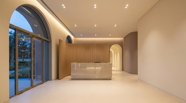 First time here in a modern luxury hotel lobby with minimalist reception desk and warm architectural lighting