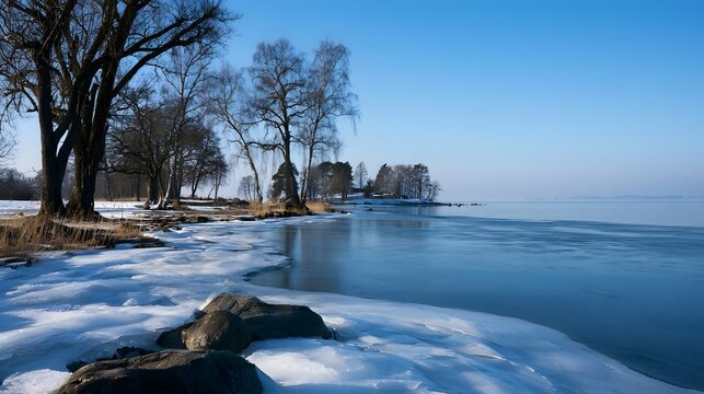 A serene winter landscape featuring a partially frozen lake bordered by snow covered ground and bare trees under a clear blue sky