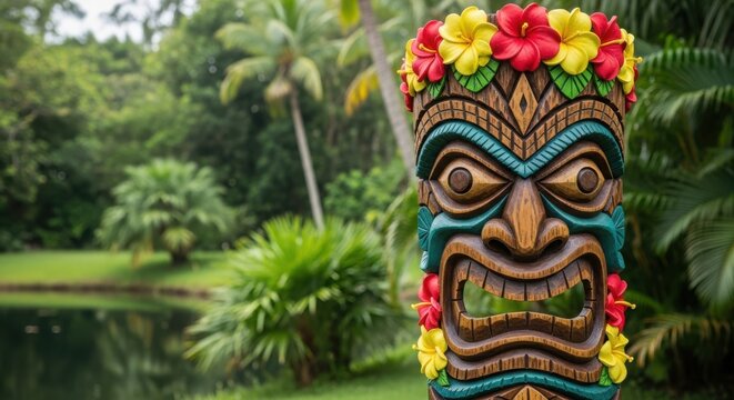A colorful tiki mask in a tropical setting illustration