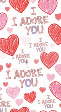 Hand-drawn hearts and "I adore you" text seamless pattern, romantic, loving, tender.
